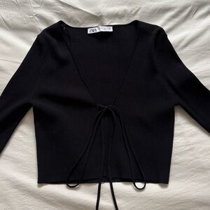 Zara Black Ribbed Long-Sleeve Tie-Front Top